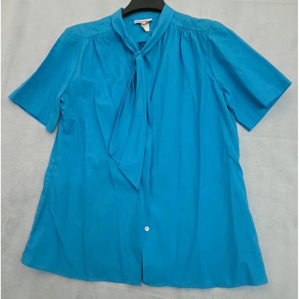 Vintage Laura Mae Womens 14 Turquoise Tie Neck Secretary Blouse Made USA